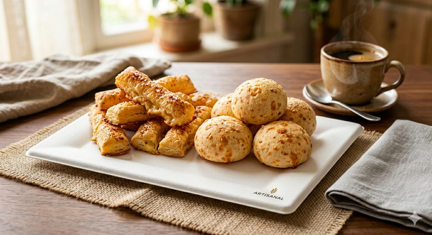 Dedidos de queso y pan de bono sobre tabla de madera, con taza de café al fondo y migas sobre arpillera.